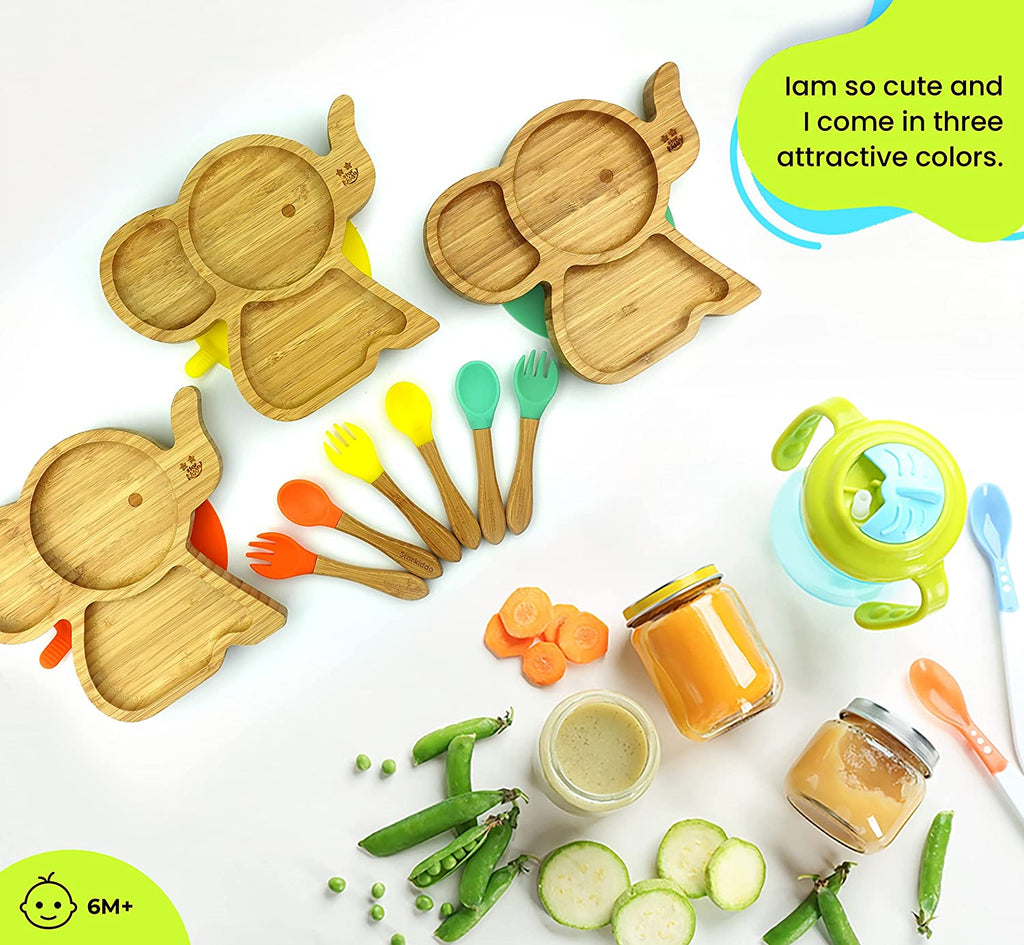 Tusker Shape Bamboo Suction Plate and Spoons for Kids