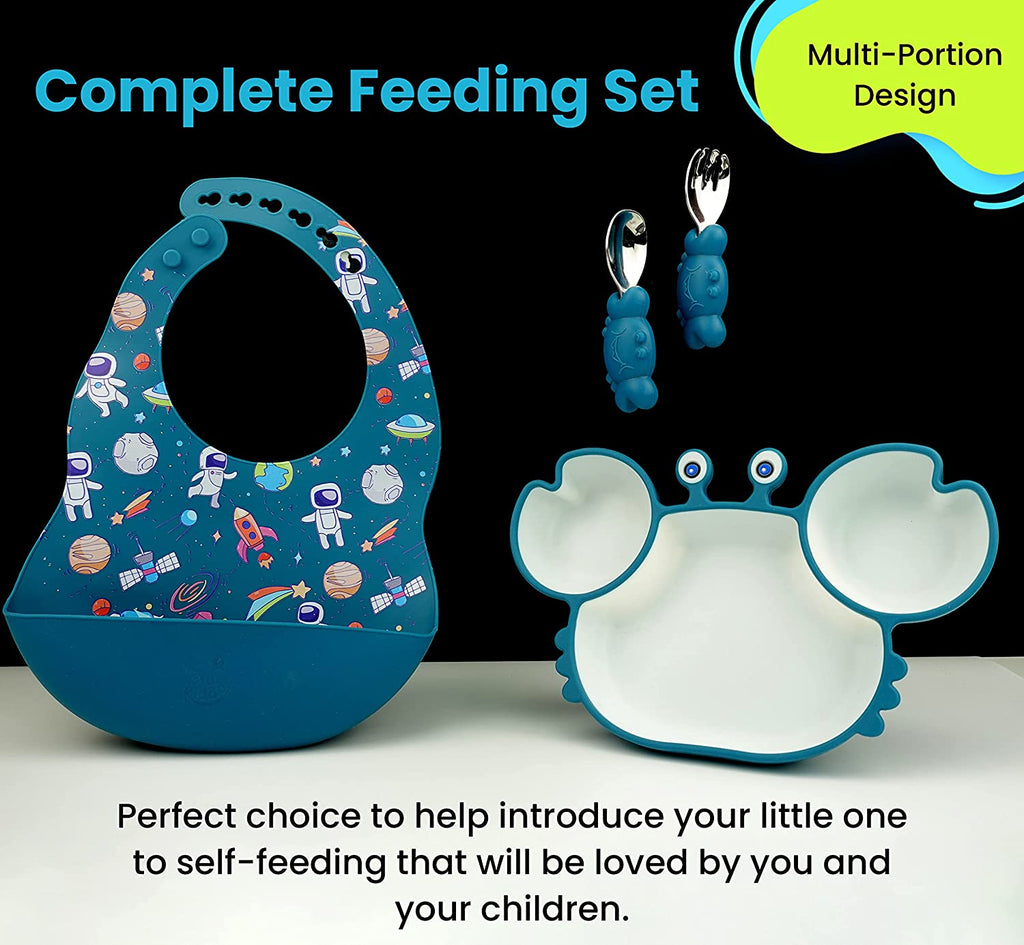 3 portion Crab Shape Silicone Suction Plates and Spoons with Bibs set