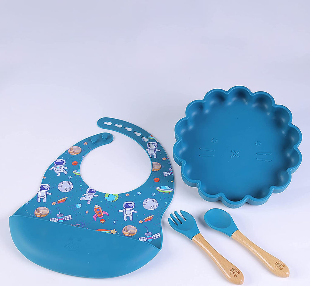 Round Simba Face Silicone Suction Feeding Plate with Baby Bib
