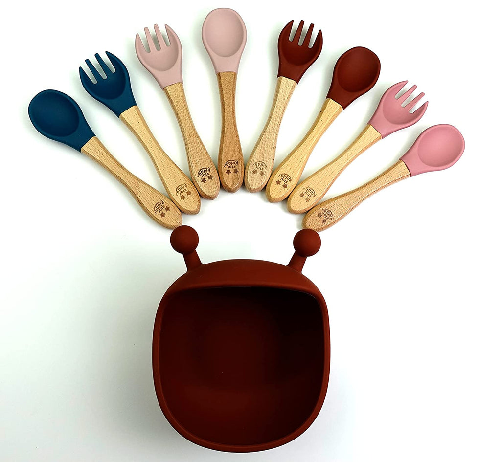 Silicone Bowl and Bamboo Spoons Sets